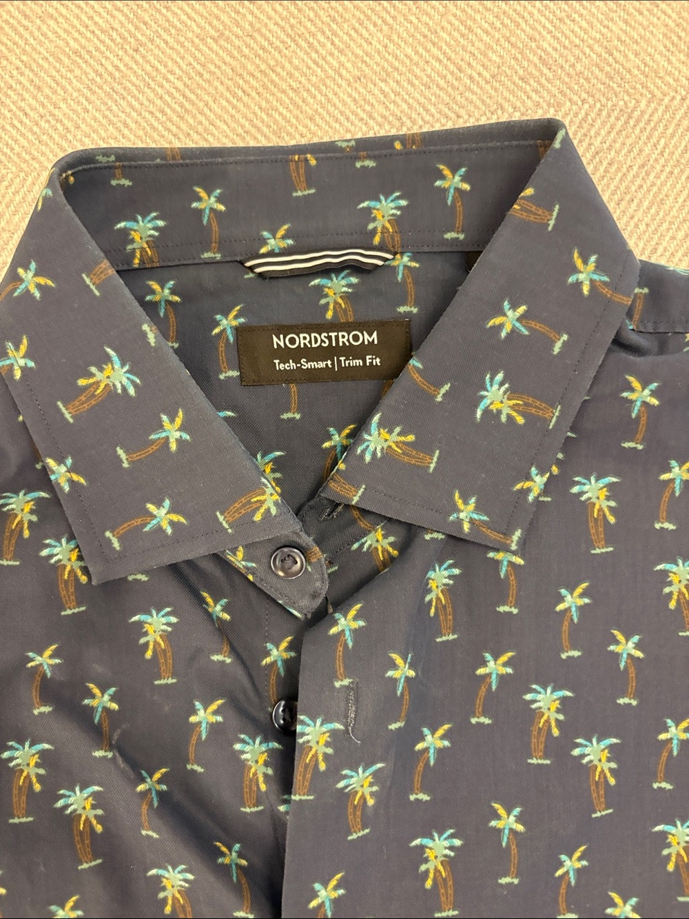 Nordstrom Navy Short-Sleeve Button-Down with Green Palm Print - Picture 2 of 4